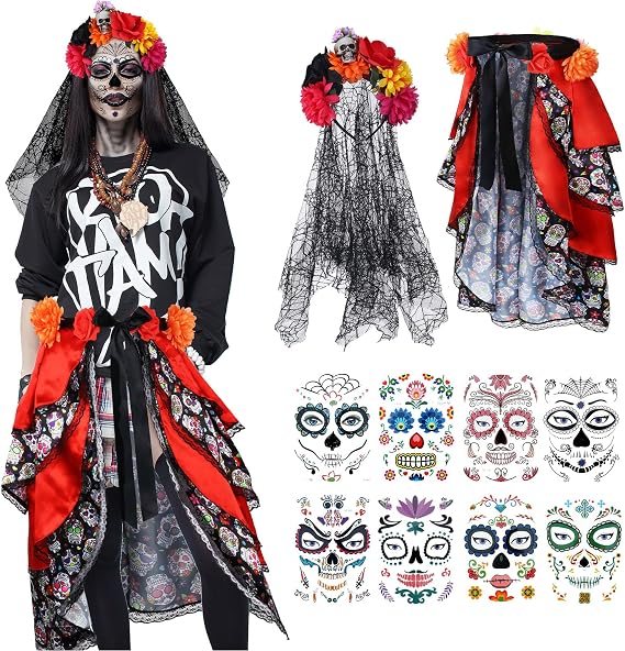 Berlune 10 Pcs Day of the Dead Costume Set for Women Headband Veil Bustle - sugar skull dress