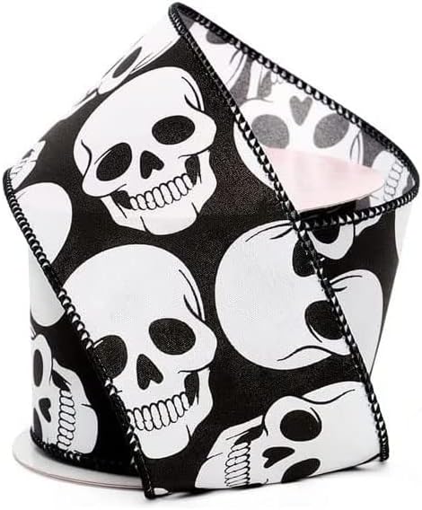 Spooky Skulls Wired Halloween Ribbon - 2 1/2" x 10 Yards, Fall - skull wreath