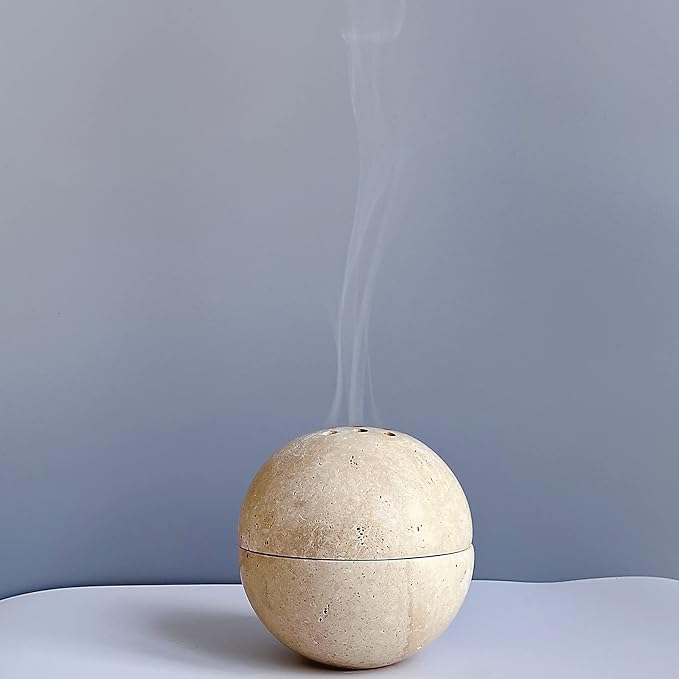 9 Holes Handmade Natural Marble Round Incense Burner Holder for Meditation Decorative Room/Kitchen/Coffee Shop (Beige Travertine Stone) - skull incense burner