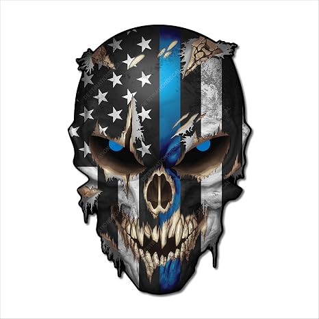 Blue Line Skull Decal Sticker with Reflective eyes Thin Stripe I Support Police VInyl Bumper graphic Black White Emblem for Car Truck Vehicle peel and stick graphic - Safe for vehicle - skull sticker
