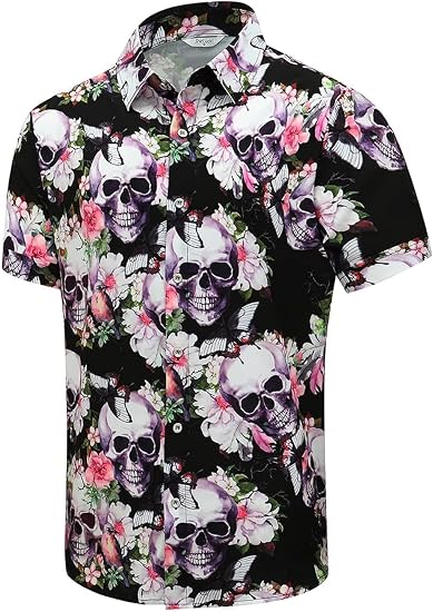 SheLucki Hawaiian Shirt for Men, Unisex Summer Beach Casual Short Sleeve Button Down Shirts, Printed Palmshadow Clothing - skull tshirt