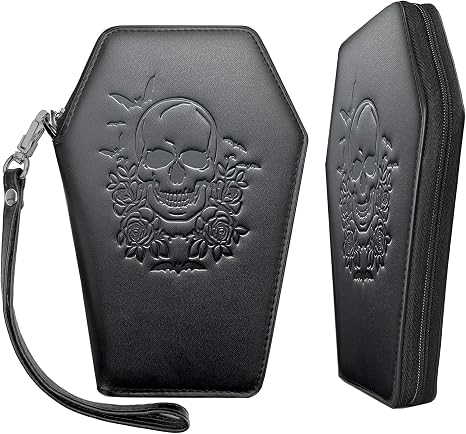 Lazy Skull Zip Around Coffin Wallet – Cute Witchy Small Purse for Women with Skull and Bat Design– Goth Accessory Wallet – Horror Coffin Purse– Spooky Halloween Gothic Wallet with Wristlet Strap