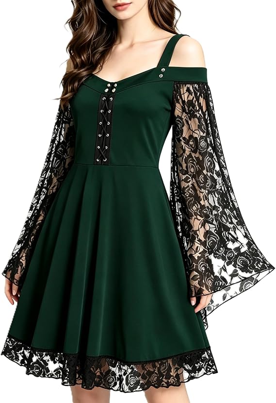 Renaissance Gothic Dress for Women Off Shoulder Lace Trumpet Sleeve Dresses Medieval Steampunk Dress Halloween Costume - sugar skull dress