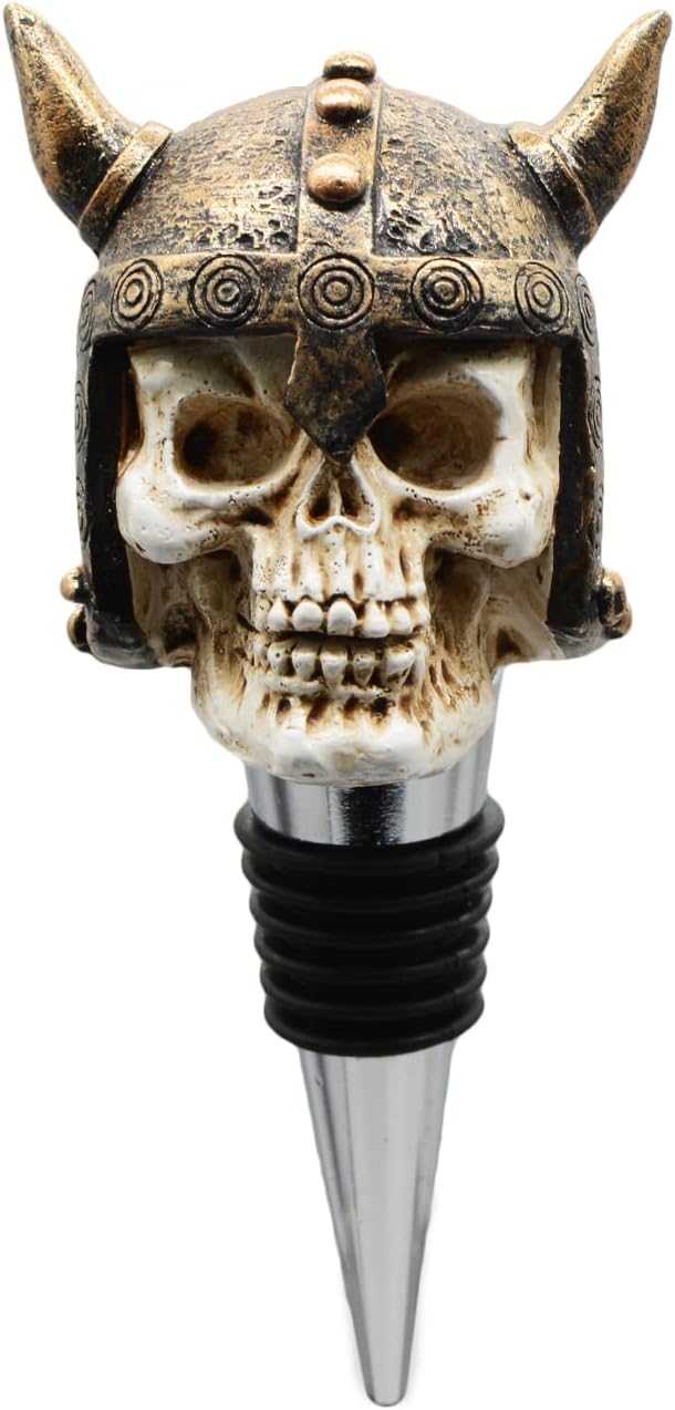 Wine Bottle Stopper Horns Helmet Viking Skull Decorative Beverage Wine Cork for Man Housewarming Gift,Christmas,Thanksgiving,Bronze - skull bottle