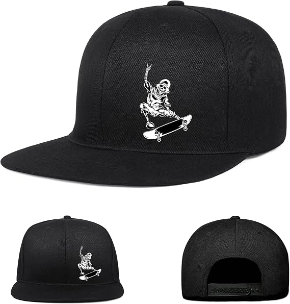 Skeleton Skating Theme Black Snapback Hats for Men, Classic Skate Skateboarder Gift for Skaters Flat Bill - skull backpack