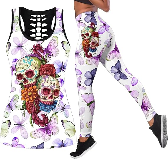 Women’s Sugar Skull Yoga Outfits for Women 2 Piece Sets, Summer Tank Tops Leggings Workout Activewear for Girls - sugar skull boots