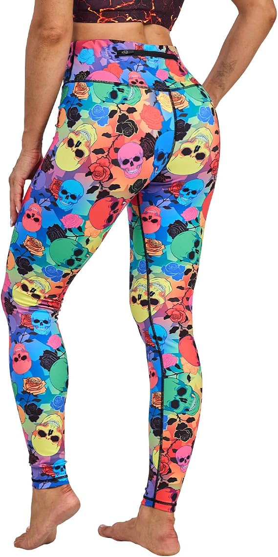 UIUO-UIPEU Women's Printed Yoga Pants with Pockets 7/8 Workout Leggings for Women Tummy Control Compression Leggings - skull leggings
