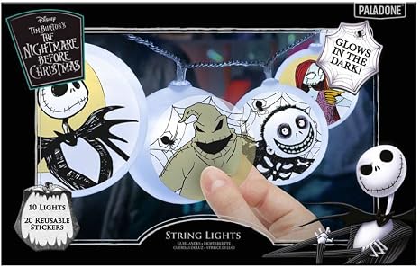 Nightmare Before Christmas String Lights - Officially Licensed Disney Fairy Lights with Glow in The Dark Jack Skellington Stickers, Spooky Bedroom Decor | Paladone - string light
