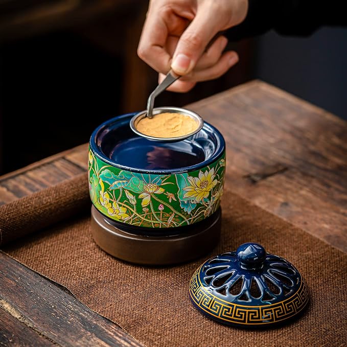 Enamel Ceramic Electric Incense Burner, Classical Incense Holder Chinese Lotus with Timer, Spoon, Plate, Tweezers for Home Decor, Yoga, SPA - skull incense burner