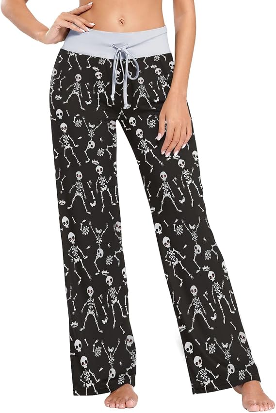 Naanle Womens Chic Pattern Soft Drawstring Girls Daily Lounge Wide Leg Yoga & Pajama Pants Sleepwear House Bottom XS-XL - skull pajamas