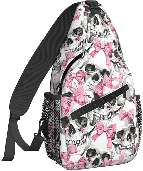 Famame Sugar Skull Skeleton Flower Pink Sling Backpack Chest Bag Crossbody Shoulder Bag Gym Cycling Travel Hiking Daypack For Men Women, Multicolor