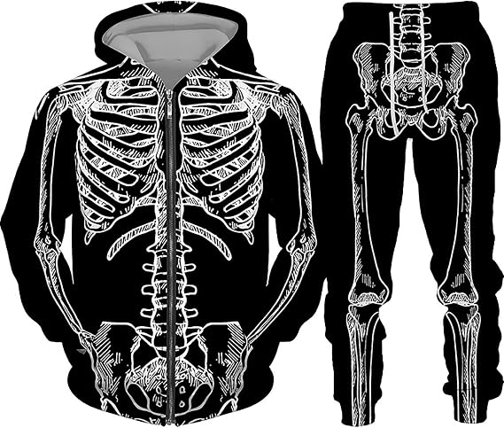 Hicawetp Men's 2 Pieces Tracksuit Set Novelty Skeleton Print Zip Up Hoodie Sweatpants Set For Men Women Jogging Sweat Suits - skull jacket