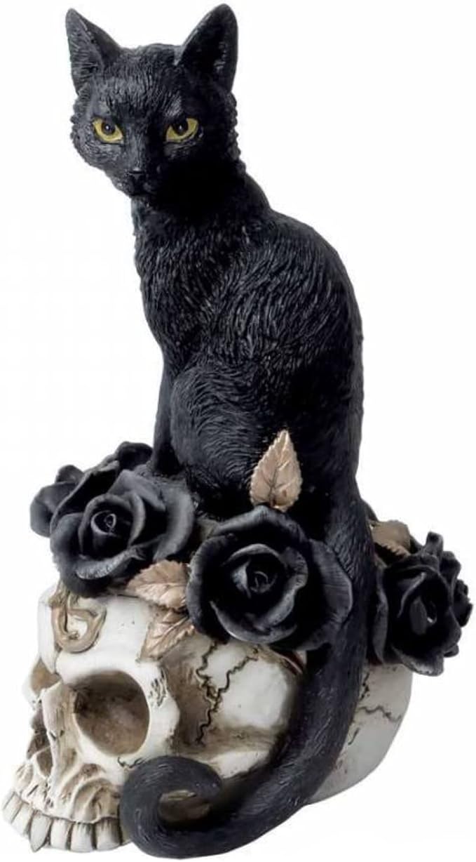 Pacific Giftware Grimalkins Ghost Ornament, Gothic Home Decor, Polyresin Black Cat Sitting on Skull with Rose Crown, 4.33 Inches x 3.94 7.28 Inches, 11.64 Ounces - sugar skull ornament