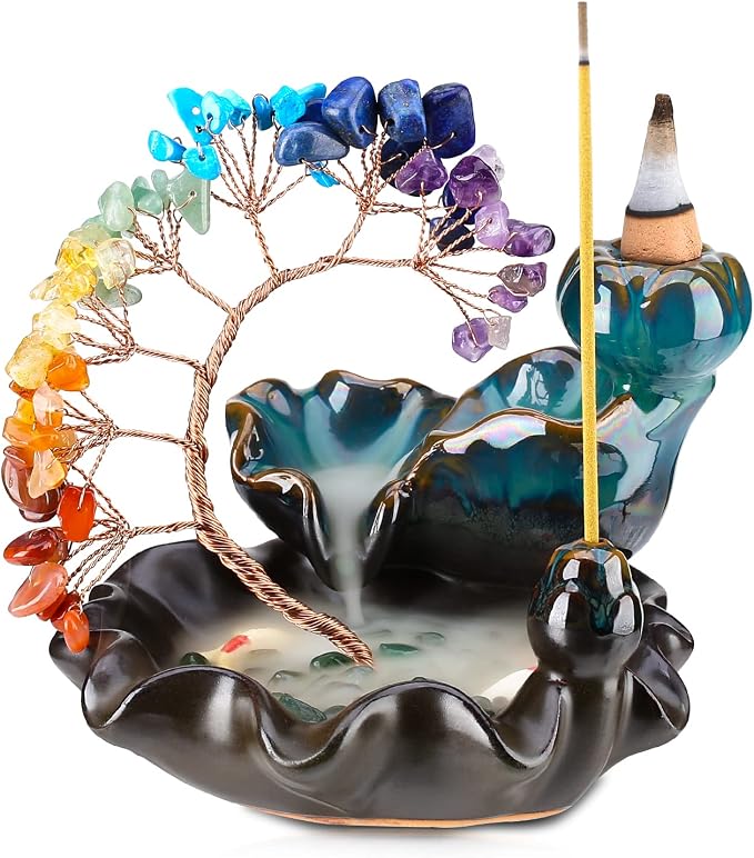 Backflow Incense Burner Ceramic Incense Waterfall 7 Chakras Crystal Tree Incense Holder Namaste Yoga Meditation and Home Decor - skull incense burner