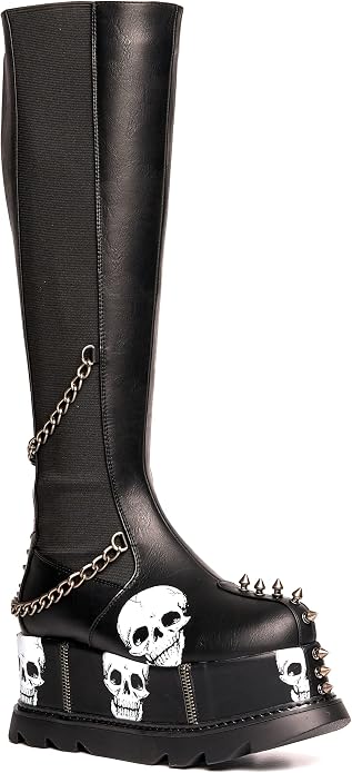 LAMODA Women's Motorcycle Boots Knee High - sugar skull boots
