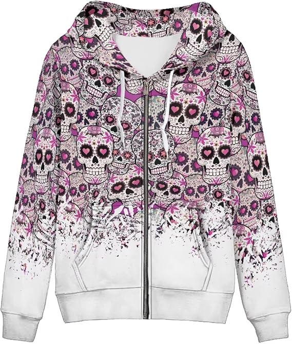 Irisjudy Color Stripes Zip up Hoodies for Women, Animal Texture Monet Art Sport Sweatshirt Ladies Hooded Tops for Spring Fall - skull hoodie