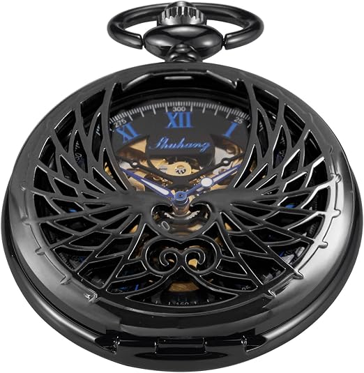 Men's Black Mechanical Pocket Watch with Chain,Birthday Gift - skull watch
