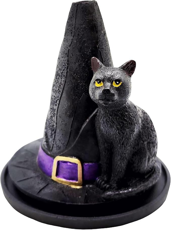 Witch’s Hat with Cat Incense Burner – Hand-Painted Cold Cast Resin Cat Figurine Incense Holder 4 1/2 inches Tall for Witchy Home Décor, Gothic Accents & Fantasy Collectors - skull incense burner