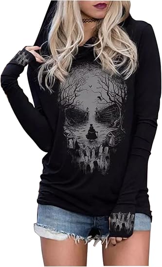 Hoodies Shirts for Women Early Fall Long Sleeve Tops Vintage Graphic Outfit - skull sweatshirts