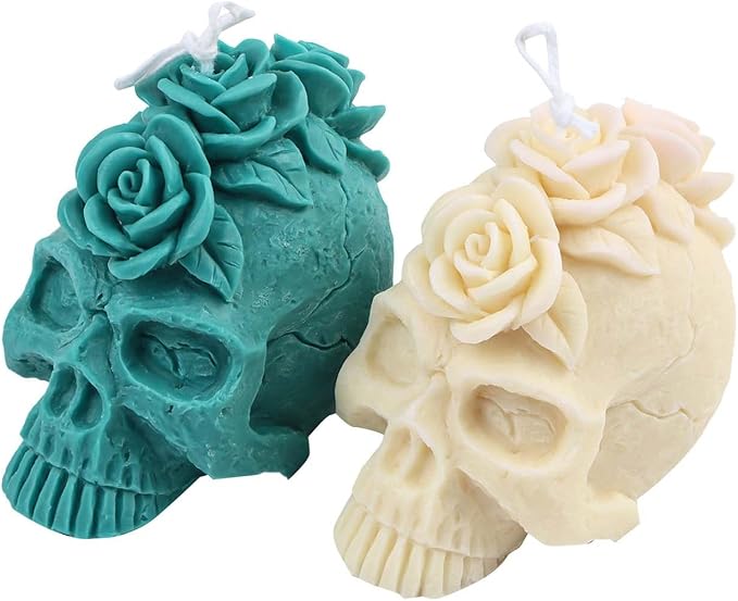 Grainrain 3D Skull Rose Flower Design Silicone Candle Mold Decorated Pillar Candle Mould Handcrafted Silicone Molds for Candle Wax Resin Gyspum Crafts Making (G40) - skull candle