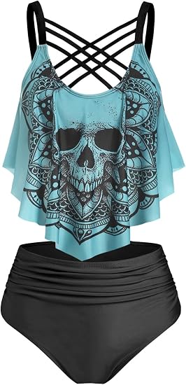 DRESSFO Gothic Skull Tankini Bikini Set - skull swimsuit