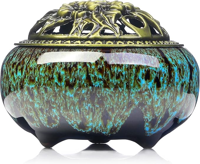 Incense Burner with Calabash Incense Stick Holder - Porcelain Charcoal Censer for Use with Resin Granular Powder Cone or Coil Incense (Kiln-Colored Blue) - skull incense burner