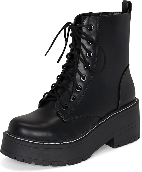 Pure Women's Chunky Lug Sole Combat Lace-Up Side Zipper Fashion Ankle Boot - Stylish & Sturdy Women's Boots for Fashion and Comfort - sugar skull costume