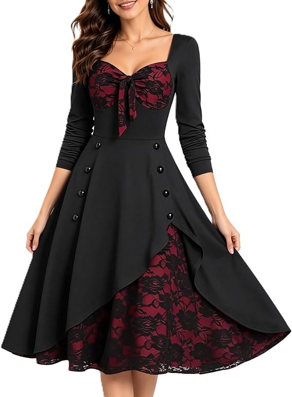 Women's Gothic Dress Steampunk Vintage Tea Dress Halloween Party Dresses Long Sleeve Lace Splicing Swing Dresses - sugar skull dress