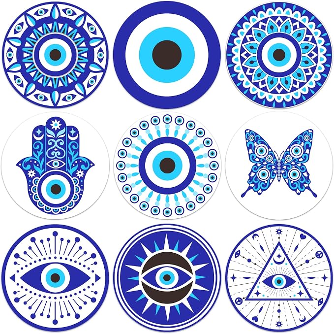 BENECREAT 9Pcs Evil Eye Wood Coasters, Butterfly Mandala Flower Wood Drink Coaster Coffee Cup Mat for Kitchen Table Bar Cup Home Dining Decor, 4" Diameter, 5mm Thick - skull coaster
