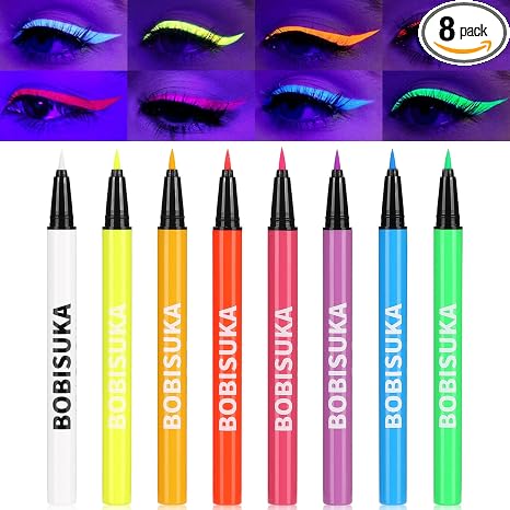 BOBISUKA 8 Colors UV Neon Liquid Eyeliner Set, Matte Colored Eyeliners Pen, Colorful Waterproof Smudge-proof Pigmented Graphic Liners, Delineadores de Colores Para Ojos Eye Makeup Gift Kit - sugar skull makeup