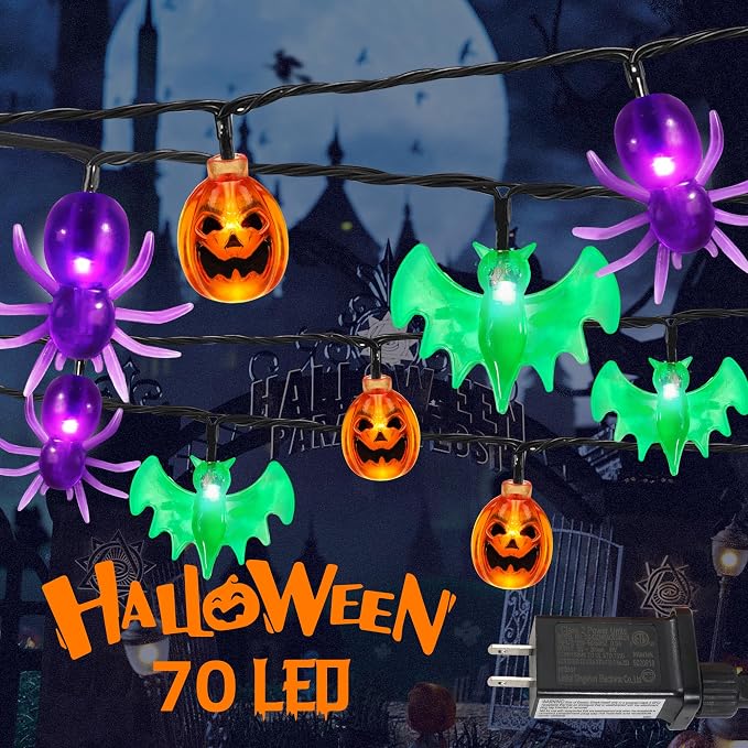 RECESKY 70 LED Pumpkin Bat Spider String Lights - 22.6ft Orange Green Purple Plug in Halloween String Lights with Timing Function, Connectable Lighting for Yard House Party Halloween Decorations - string light