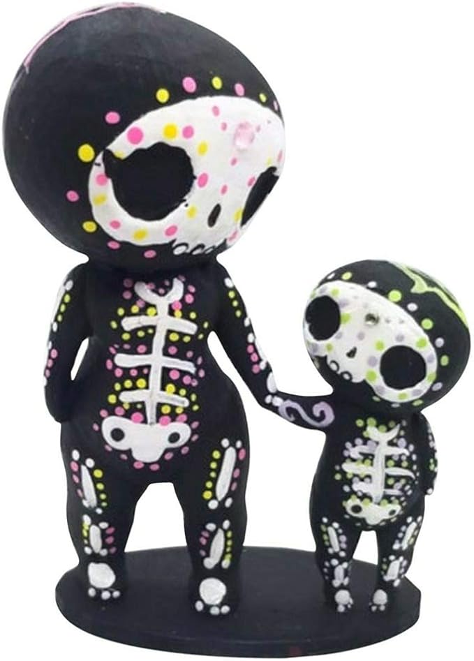 Sugar Skull Couple Figurine Statue Couples Cute Skeleton Mexican Halloween Day of The Dead Figurines Decor(Parent-Child) - skull figurine