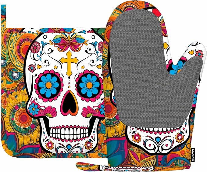 Mxocom Art Floral Sugar Skull Silicone Oven Mitts and Pot Holders Sets BBQ Gloves for Kitchen,Cooking,Baking,Grilling - skull candle