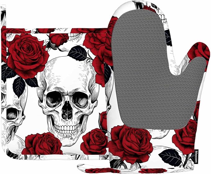 Mxocom Sugar Skull Red Rose Oven Mitts and Pot Holders Sets Silicone Heat Resistant Kitchen Oven Gloves Pot Holder for Cooking - skull plate