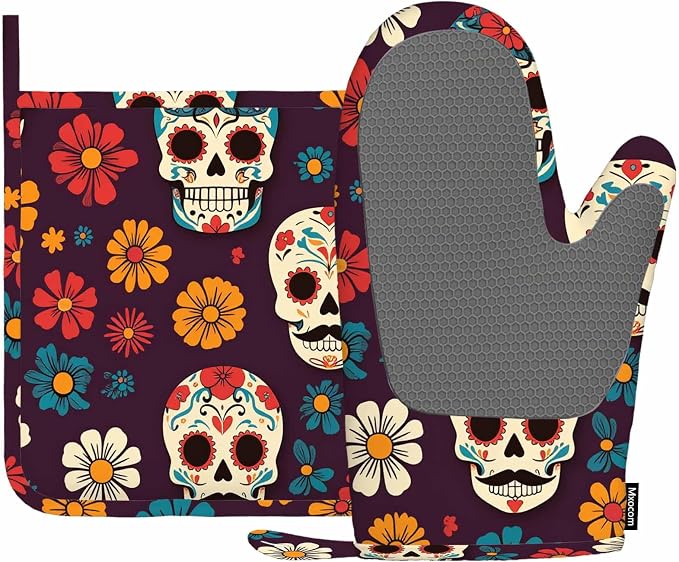 Mxocom Day of The Dead Oven Mitts and Pot Holders Sets Sugar Skulls and Flowers Seamless Pattern on Dark Background Silicone Heat Resistant Kitchen Oven Gloves Pot Holder for Cooking - skull coaster