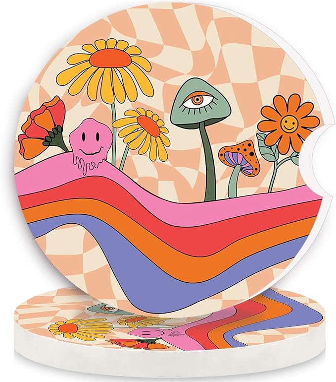 Car Coasters 2 Pack,2.56" Ceramic Stone Car Cupholder Absorbent Coaster Set for Women Men Drink Cup Holder Coasters Car Accessories(Skull Sunflowers) (Pink Mushroom) - skull coaster