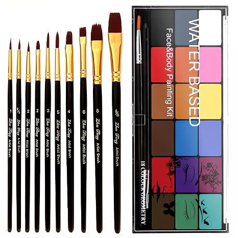 18 Color Water Based Face Painting Kit, 10 Brush for Halloween - skull painting