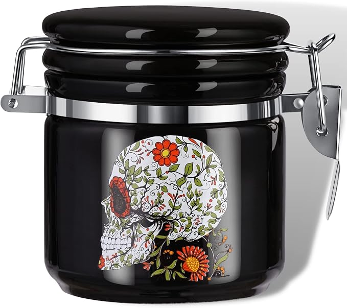 Sugar Skull Stash Jar Half Oz (250ml), Odor Smell Proof Jar Airtight Container Keep Herbs Fresh Storage, Flower Skull Bowl Bottle Holder - Goth Skull Decor Gothic Sugar Skull Gifts for Women -Black - skull ashtray