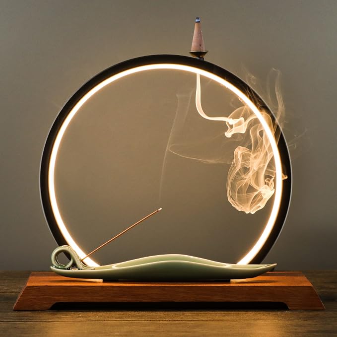 DOBEHOME Backflow Incense Burner with LED Light Ring, Ceramic, Waterfall Design, Includes 1 Tweezer and 30 Incense Sticks for Home, Office, Decor, Yoga, Aromatherapy - skull incense burner