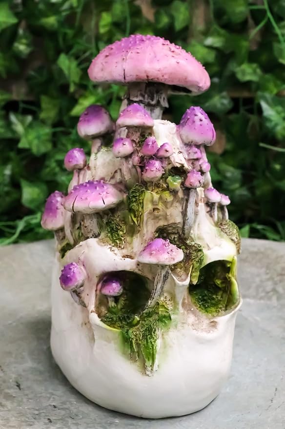 Ebros Gift Day of The Dead Flora and Fauna Shroom Skull with Purple Fungi Mushrooms Figurine DOD Flower Floral Vines Sugar Skull Cranium Sculpture As Halloween Ossuary Macabre Decor Collectible - skull figurine