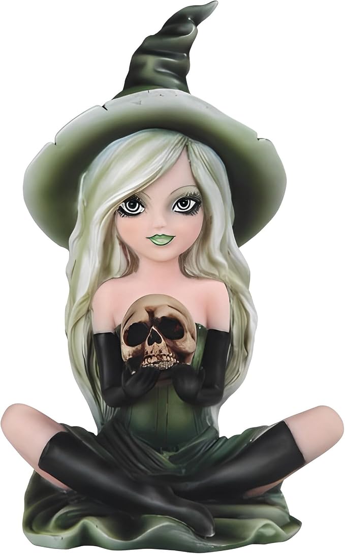 ICE ARMOR 6.5" H Green Witch Girl with Skull Statue Fantasy Decoration Figurine - skull figurine