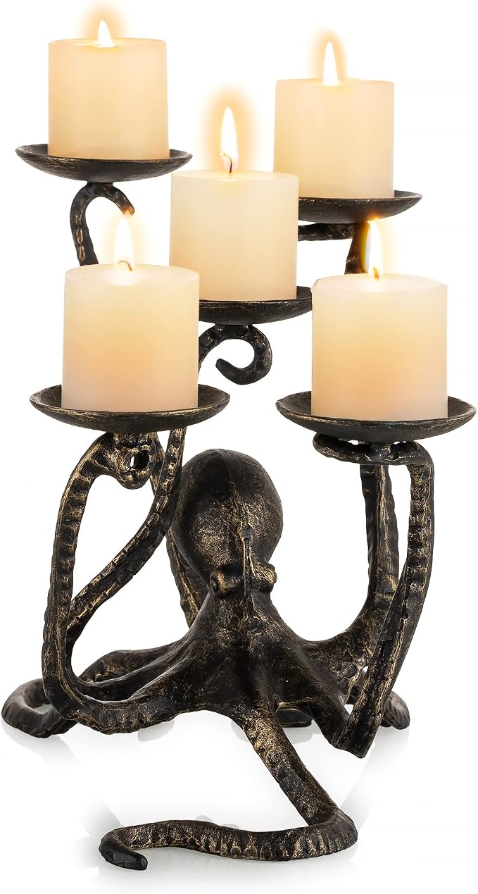 Sziqiqi Gothic Octopus Candle Holder for Halloween, 5 Arm Iron Candelabra - skull candle