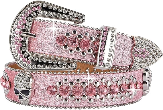 Dream Apparel Rhinestone Belt for Men & Women, Western Cowgirl Cowboy Bling Studded Diamond Belt, Faux Leather, for Jeans - skull wallet