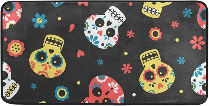 Day of The Dead Skull Floral Kitchen Rug Mat Non Slip Anti Fatigue Standing Mat Runner Rug Washable for Kitchen Bathroom, 16x24 Inch - skull toilet mat