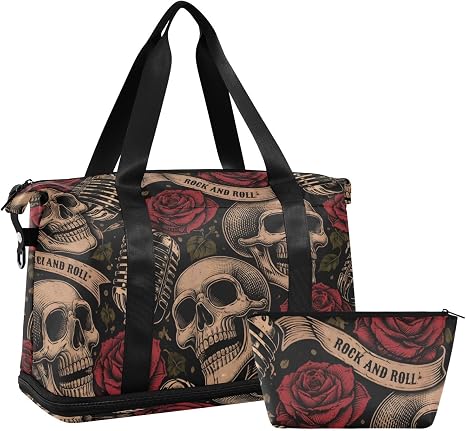 ALAZA Vintage Skulls Music Roses Gym Bag Sports Duffel Bag with Shoes Compartment, Overnight Weekender Travel Tote Bag for Women Men Trip College - skull suitcase