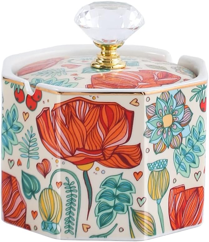 Tabletop Ceramic Cute Ashtray with Lid, Windproof Ash Tray for Indoor and Outdoor Use, Octagon Covered Ash Holder for Smokers Decorative Cigarette Holder for Home Bedroom Office (Flower) - skull ashtray