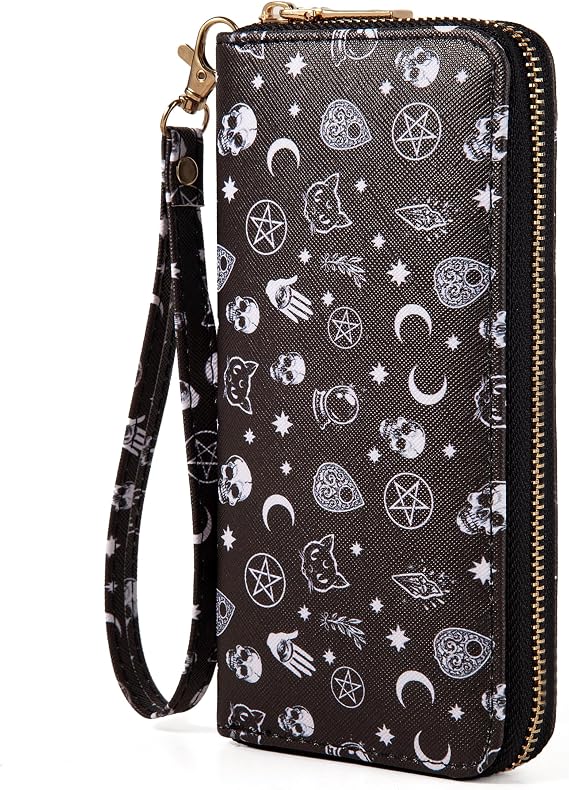 Checkered Highland Cow Print Book Wallet For Women Skull Goth Frog Butterfly Ladies Cluth Wristlet Wrist Strap Long Purse Zip Around Card Holder - sugar skull handbags for sale