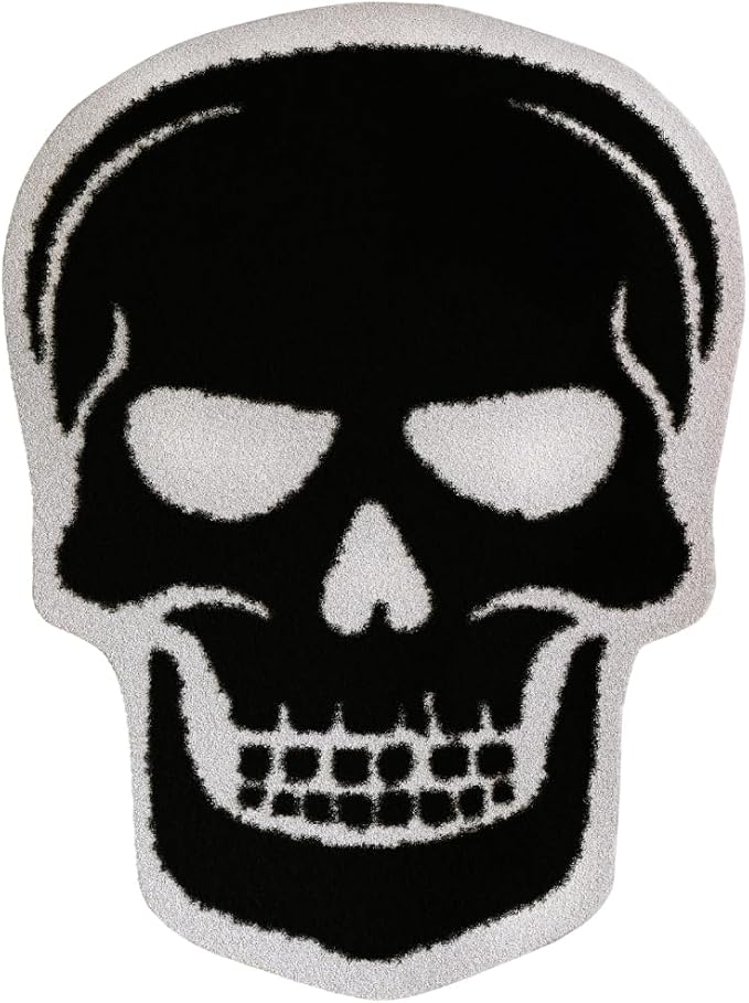 Skull Bath Mat - Black Gothic Bathroom Rug, Non-Slip Quick Dry Microfiber, Soft Plush for Halloween Decor & Goth Home, Machine Washable, 31.5" x 23.6" - skull carpet