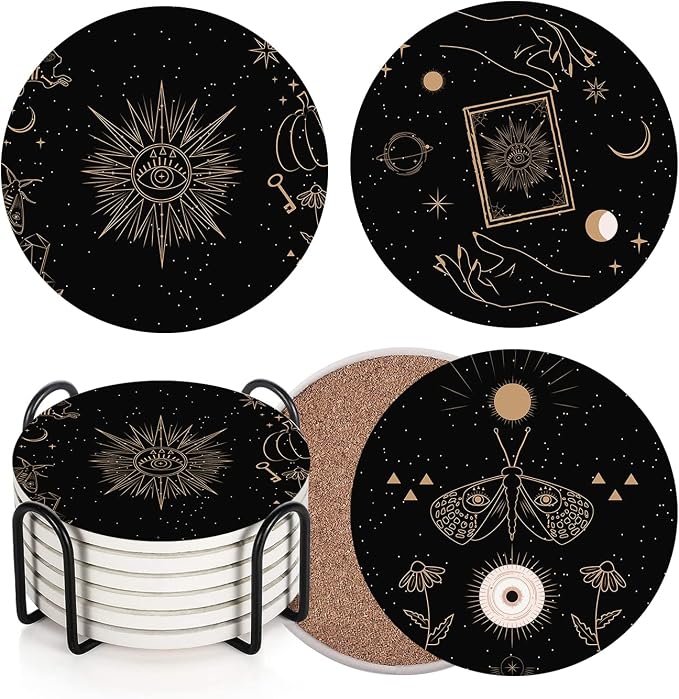 Coasters for Drinks, Set of 6, Ceramic Stone, Magic Black - skull coaster