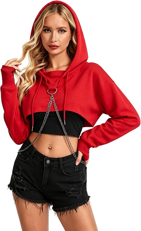 AULKEEP Goth Crop Top Hoodie for Women Punk Y2K Black Streetwear - skull hoodie